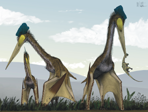 Life restoration of a group of Quetzalcoatlus northropi foraging on a Cretaceous fern prairie.