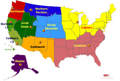 Map of the United States split into geographic areas.