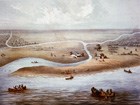 Painting of Chicago in 1820, surrounded by water and American Indians in canoes