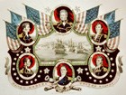 Portraits of naval heroes surrounded by ropes, flags and battle scenes