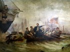 Perry crossing Lake Erie in a rowboat, surrounded by tall ships