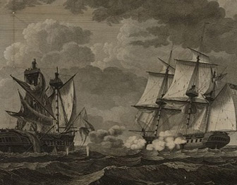 Sailing ships engaged in battle with damage
