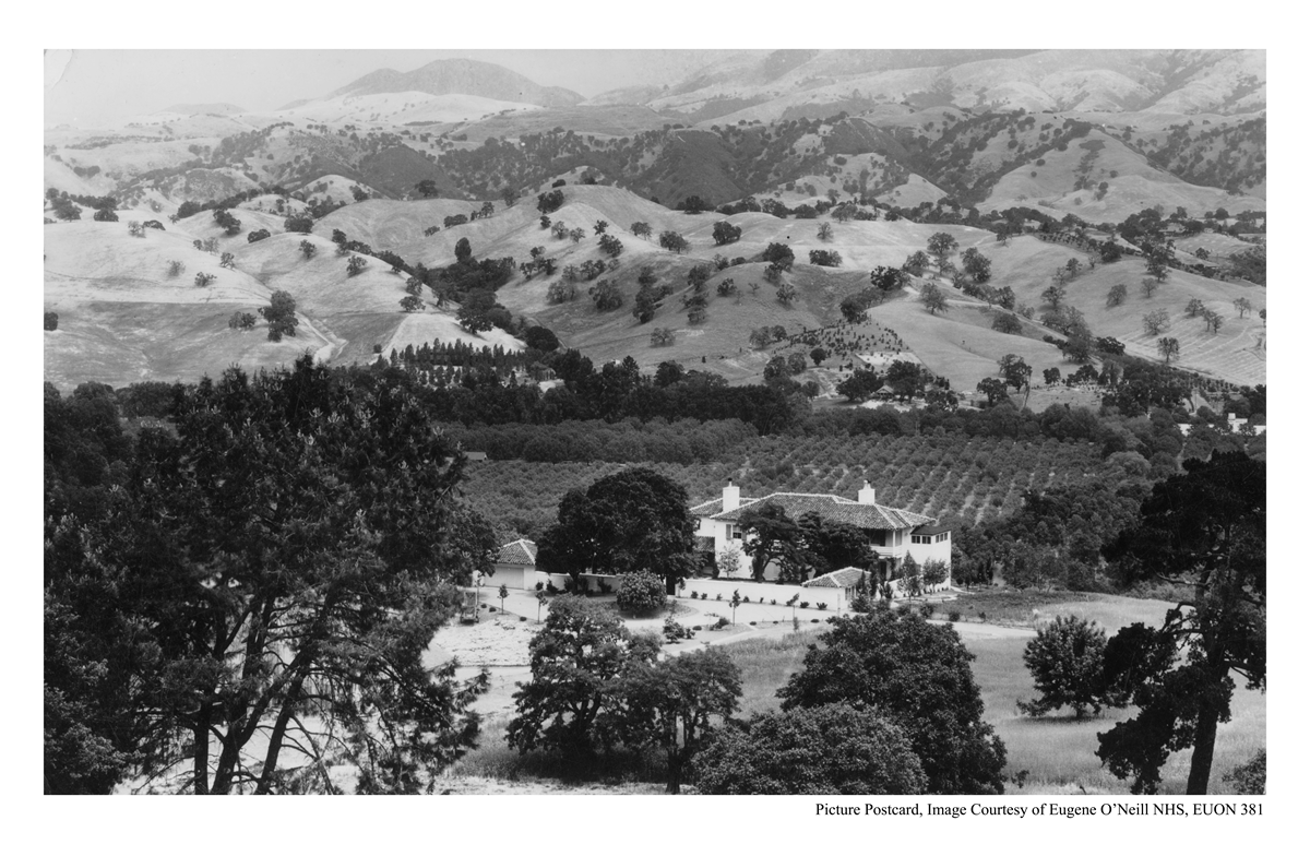 Post card print of Tao House, surrounding land and hills, view towards east.