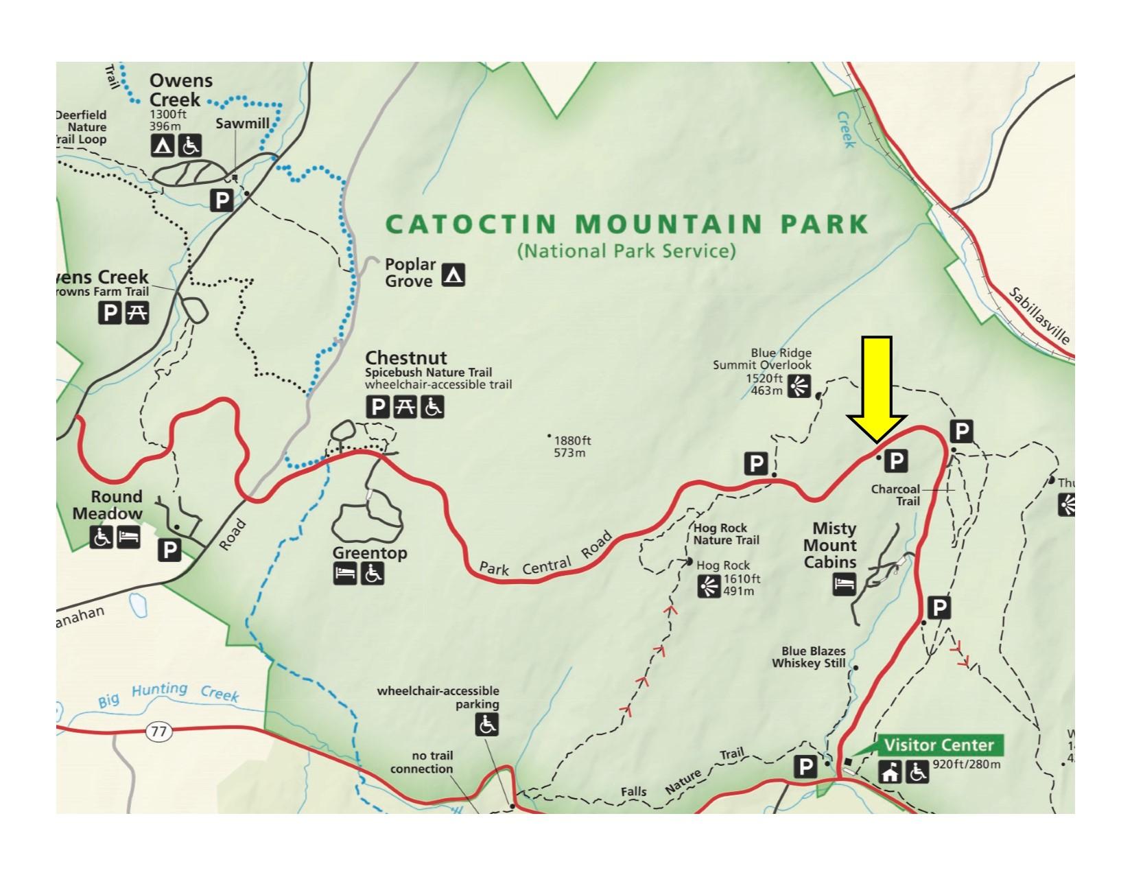 Park map with yellow arrow indicating location of parking area.