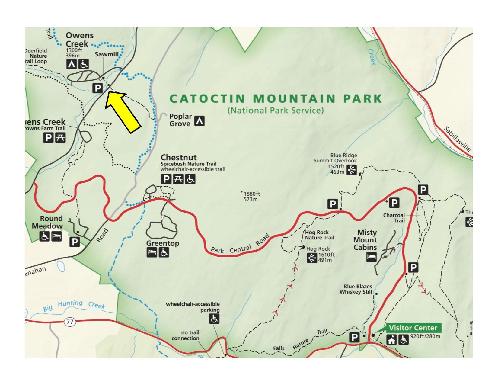 Park map with yellow area indicating location of parking area.