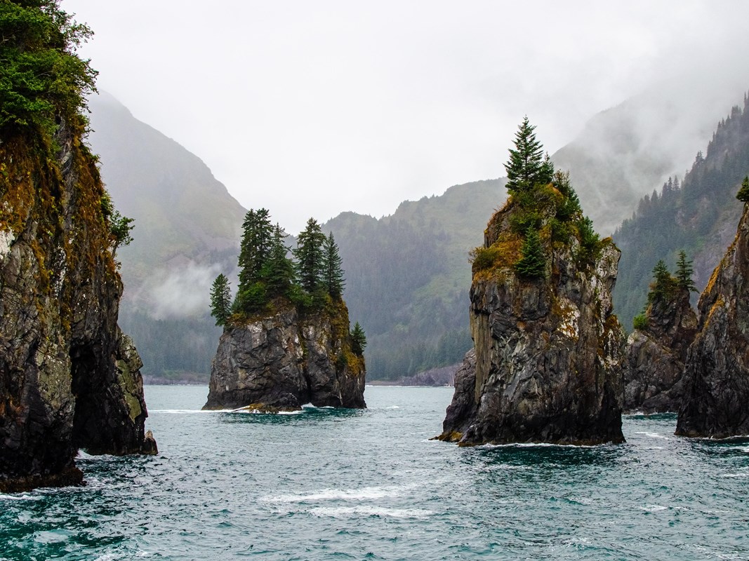Sea stacks rise from the ocean