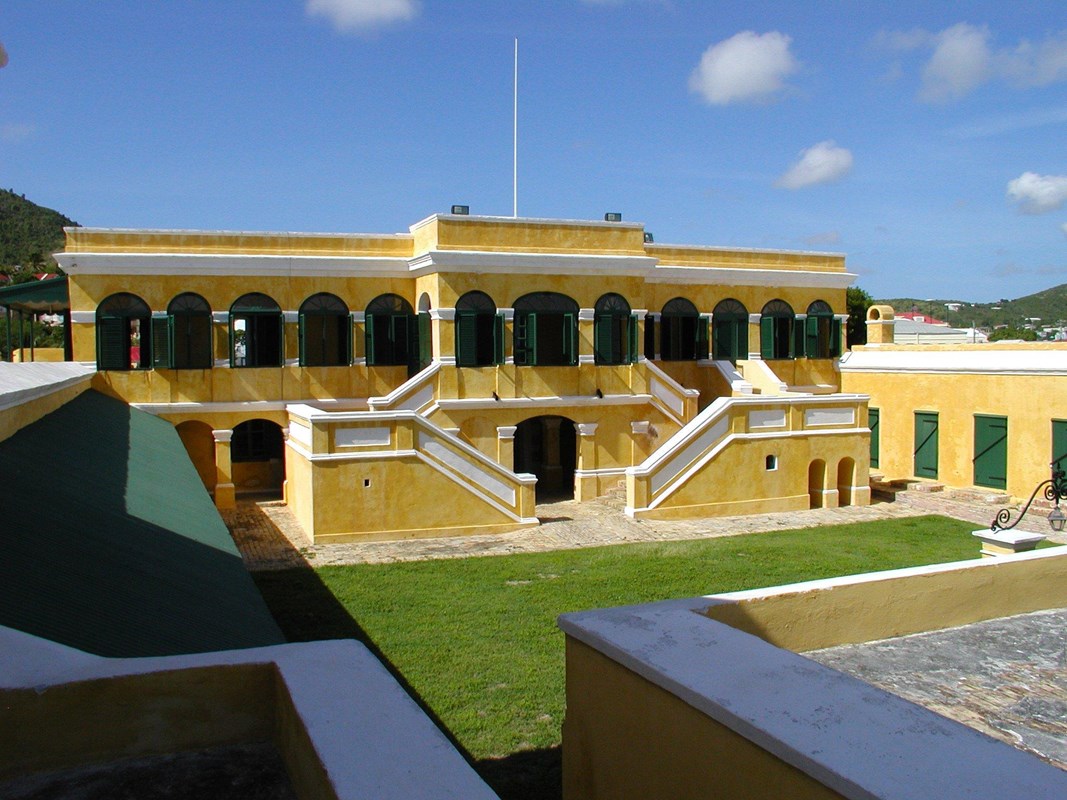 View of the interior courtyard and stairs to the quarters of the fort's Commandant.