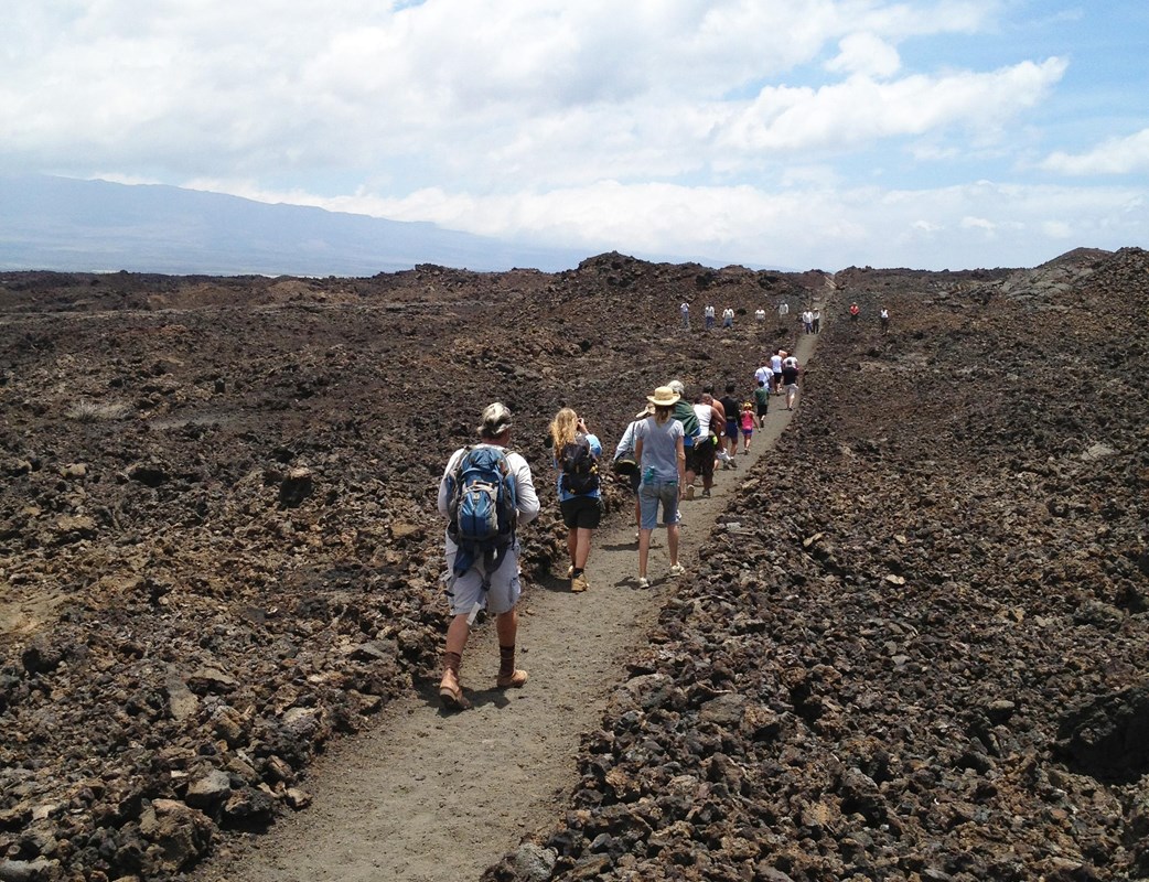 Group of hikers walk along a straightened path in lava field