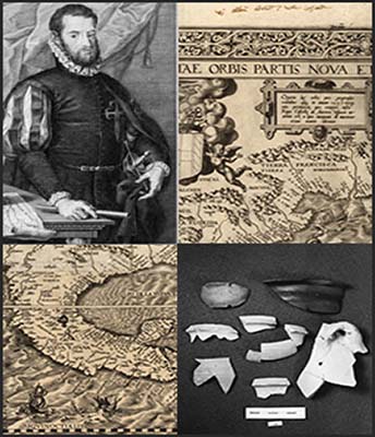 Collage of Santa Elena artifacts, maps, and leader