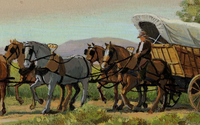 Painting of a Conestoga wagon with the wagon driver riding one of the horses