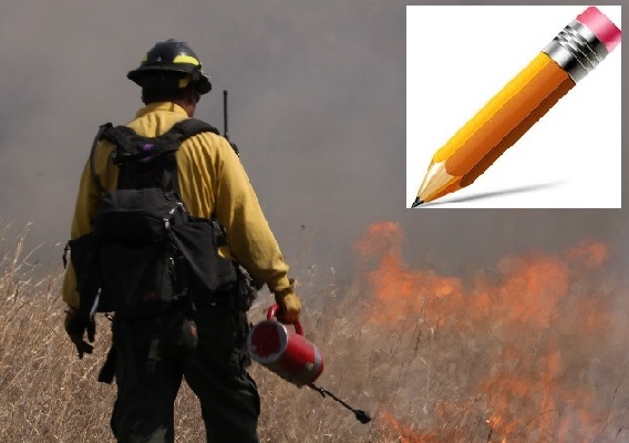 A pencil overlaps an image of a firefighter looking at a prairie grass fire.