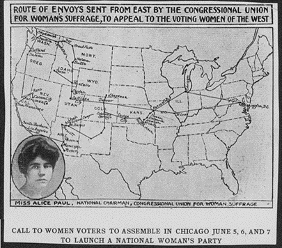 A map of the United States shows the tour route with a picture of Alice Paul in the corner.