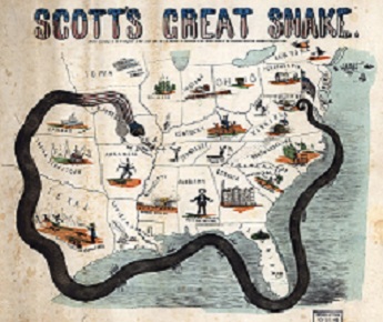 A large snake encircles the Confederate states, in the process of squeezing together into submission