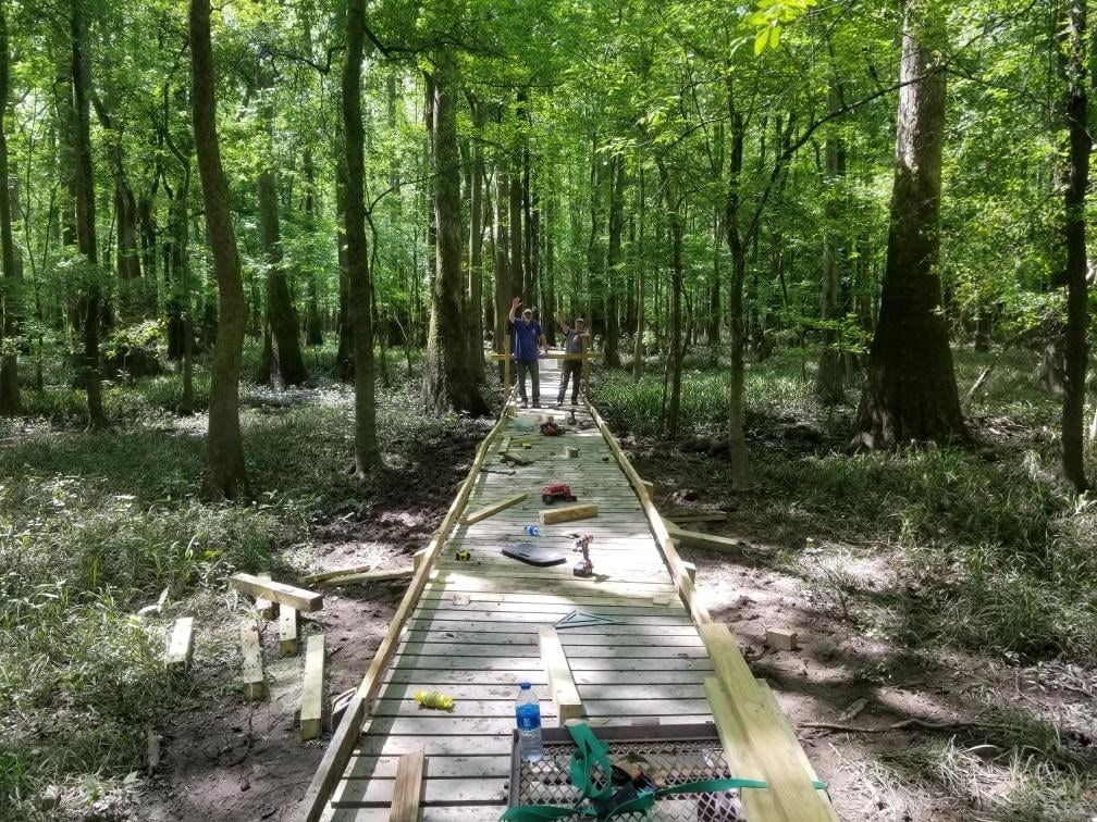 Two people standing on a wooden path