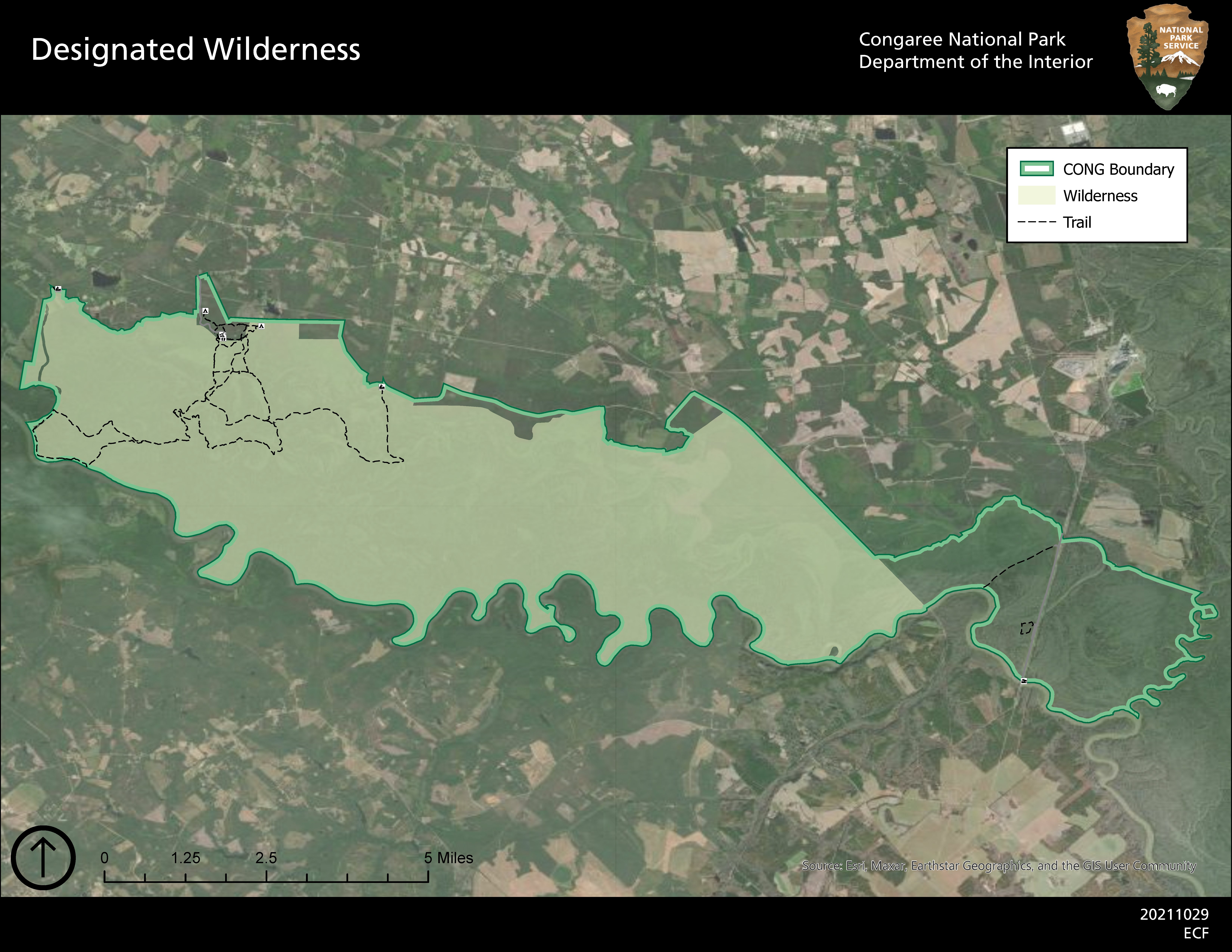 Map of Congaree National Park, with wilderness area boundary identified