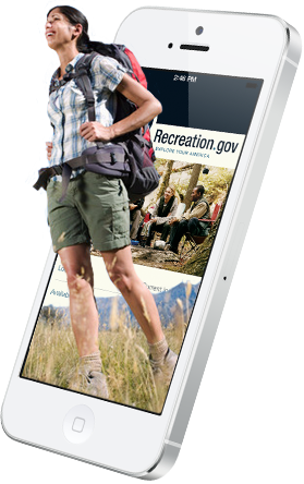 Recreation.gov smartphone with hiker.