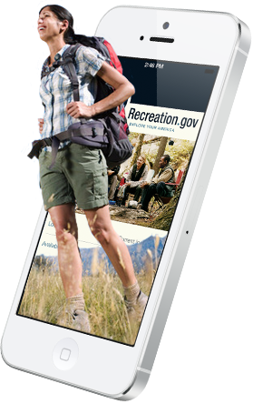 Recreation.gov smartphone with hiker.