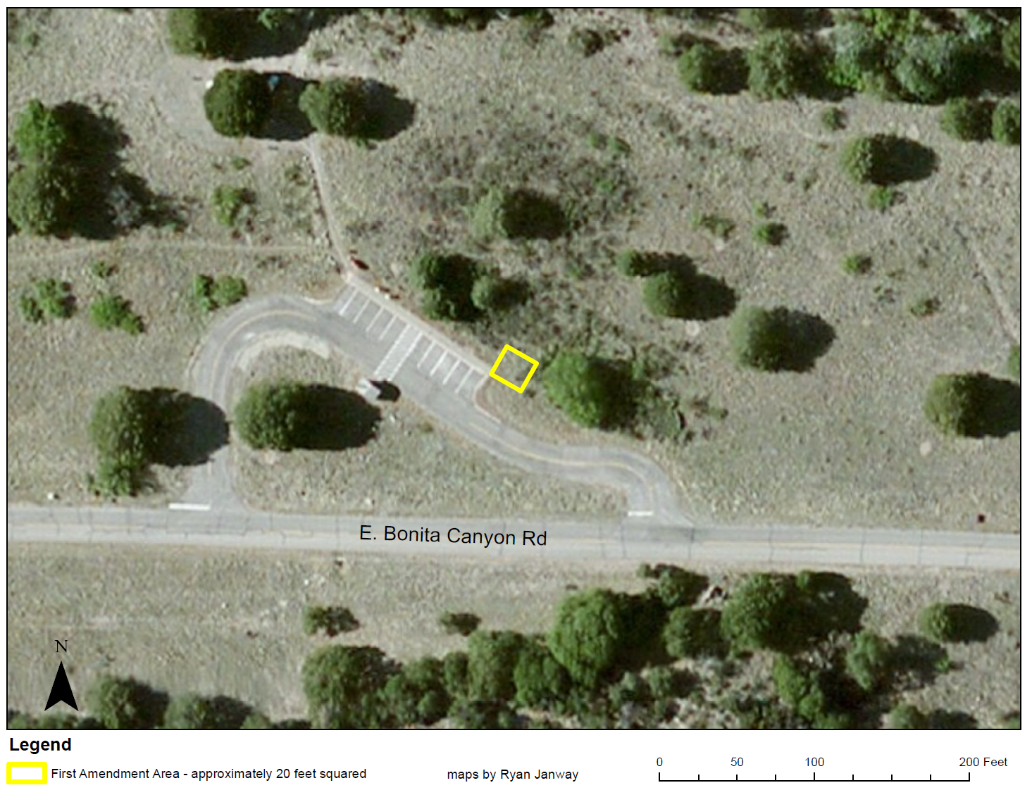 Aerial view of Bonita Creek parking, yellow box outlines area