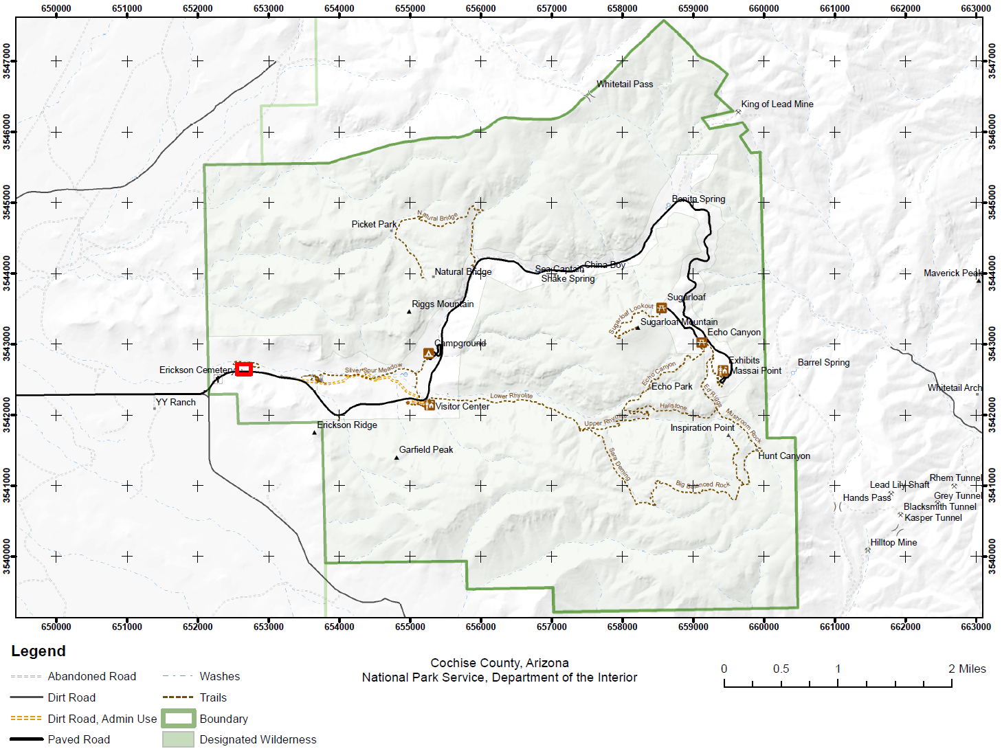 Overview map of Chiricahua NM, red box outlines Bonita Creek