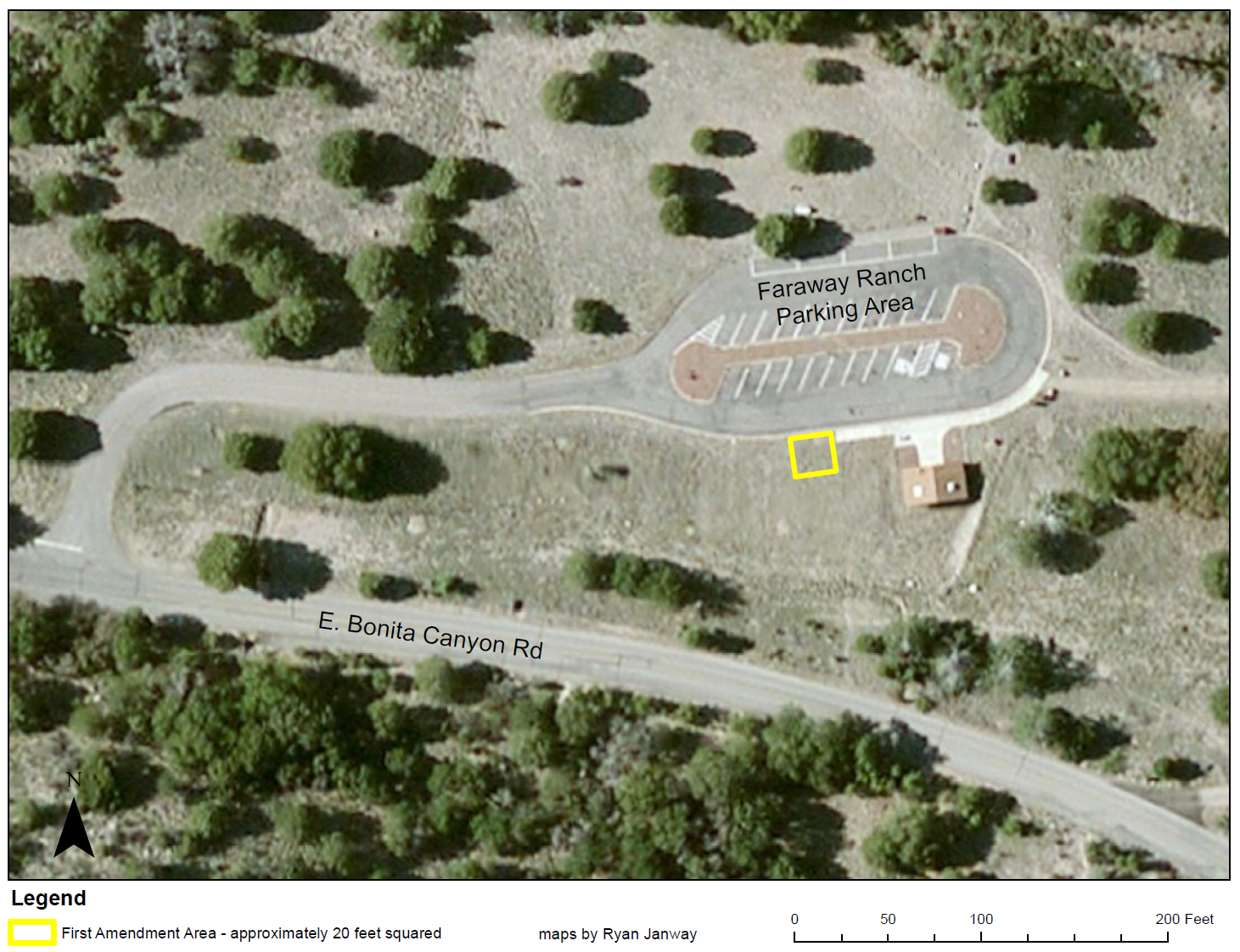 Aerial view of Faraway Ranch, yellow box outlines area