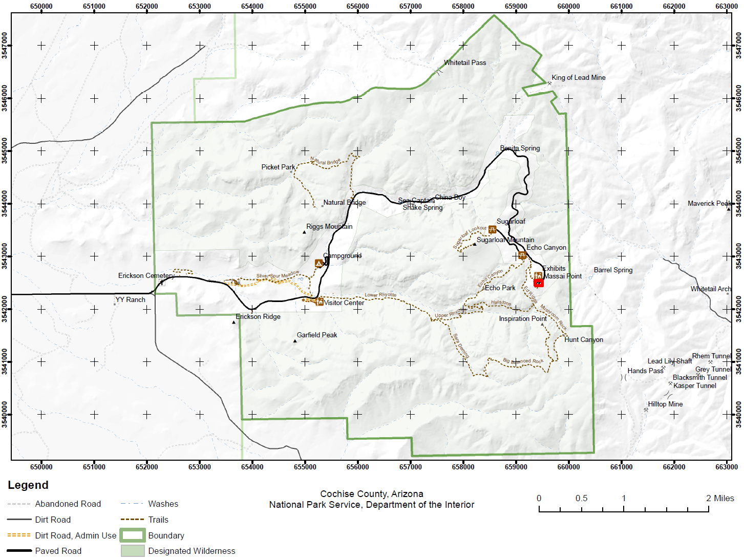 Overview map of Chiricahua NM, red box outlines Massai Point