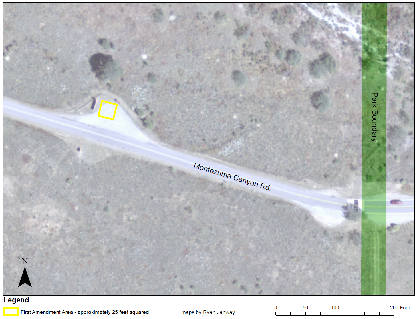 Aerial view of entrance, yellow outline of area