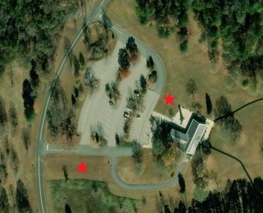 Aerial photo of visitor center area with stars showing 1st amendment areas