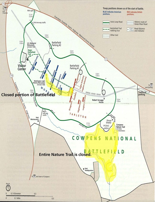 Map of Cowpens National Battlefield with yellow highlights showing closed areas