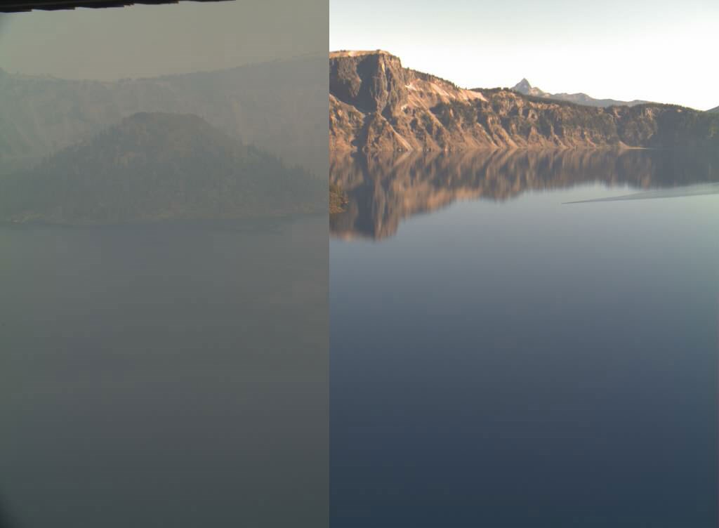 Shows a split image of Crater Lake with and without smoky conditions.