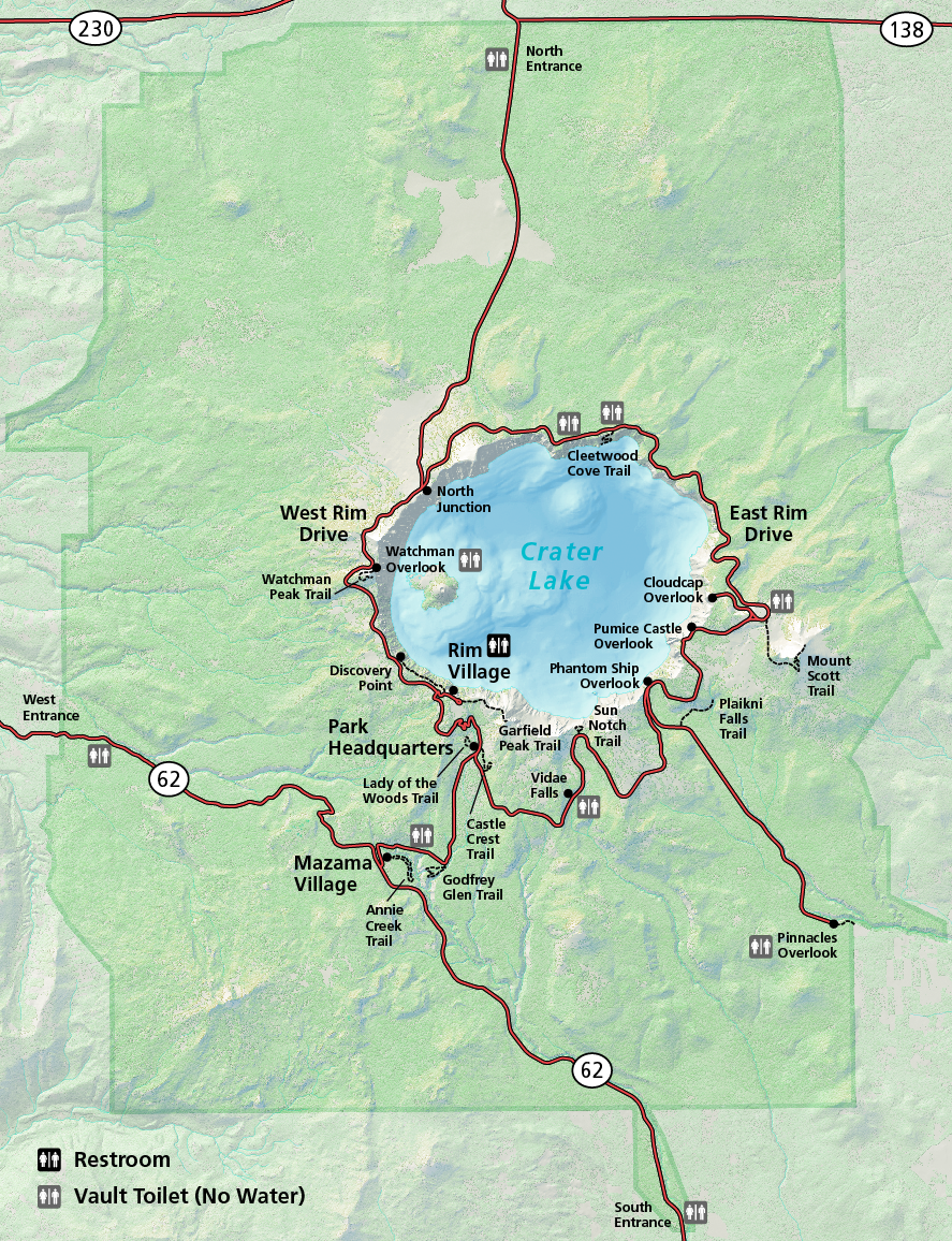 Map of Crater lake National Park with the lake in the center and and red lines showing roads and black dots for significant locations