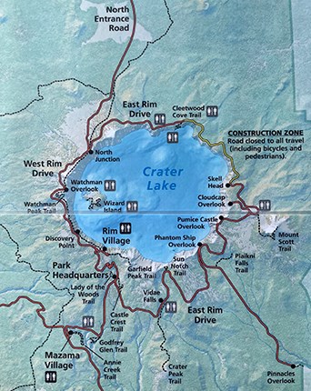 Topo map of roads around Crater Lake with waypoints and closure