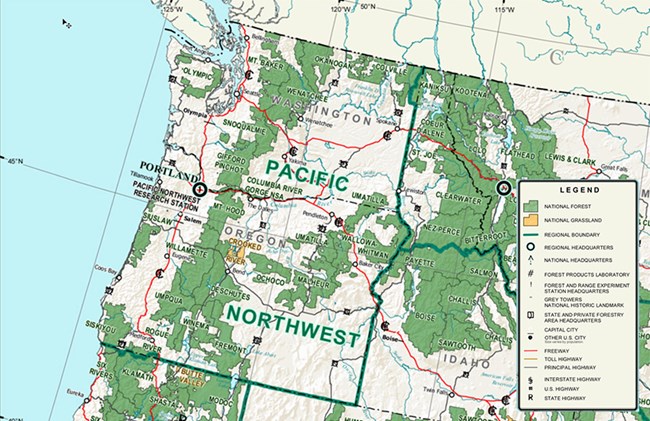 A map shows in green the boundaries of 19 US Forest Service lands throughout the Pacific Northwest.
