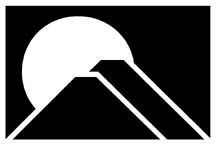 black and white logo of two volcanoes in front of the moon