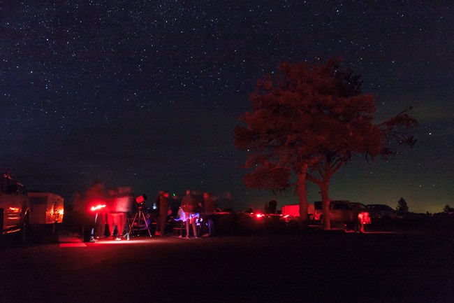 people surrounded by red lighting and several telescopes with many stars visible in the night sky above