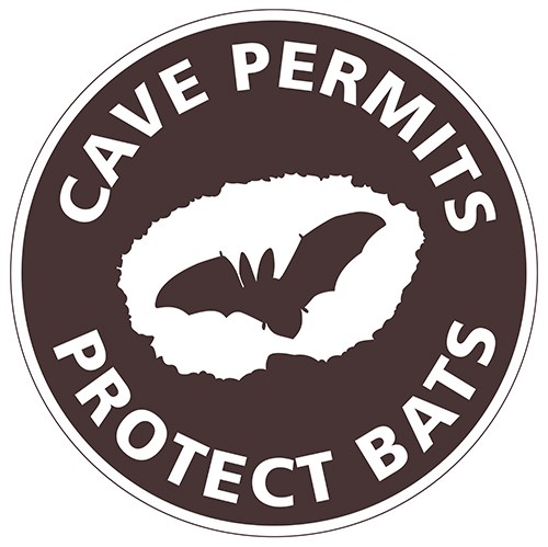 A brown icon with a bat silhouette and the text: "Cave permits protect bats"