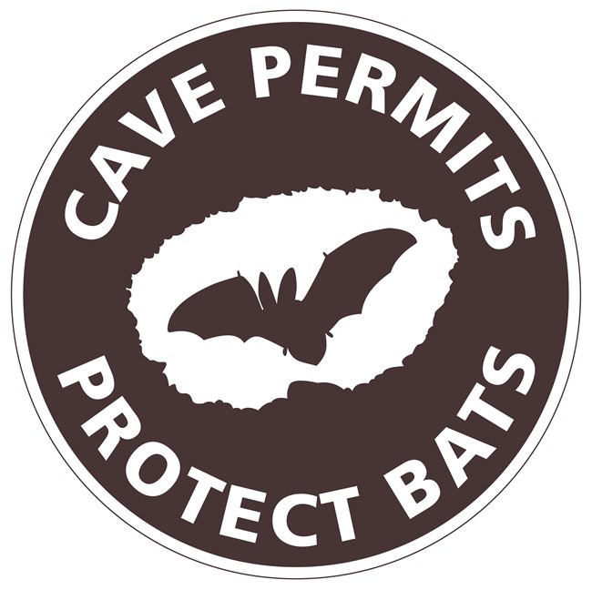 a brown and white logo with an image of a bat and the text "cave permits protect bats"