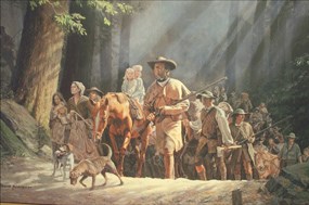 Painting by David Wright showing Daniel Boone and other pioneers travelling through the Cumberland Gap into Kentucky