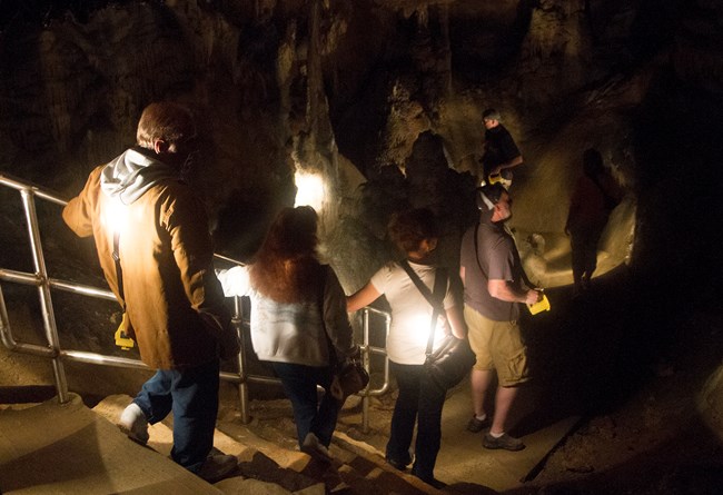A group of visitors going down steps in a dark cave on a tour.