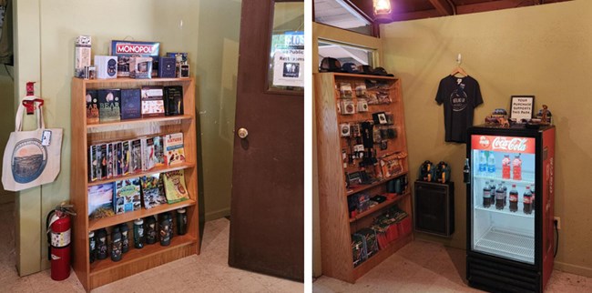 Two photos side by side. One is an outside building of the camp store and the other is showing a bookcase on the inside.