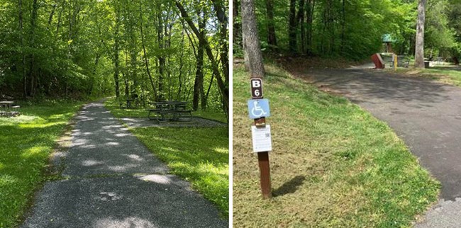 Image to the left is of a paved trail going through the woods. Image to the right is a handicapped campsite.
