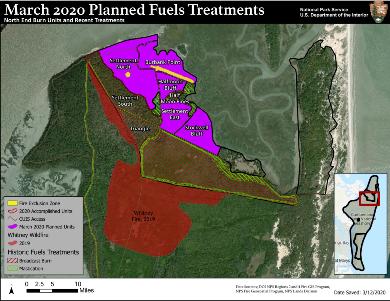 A satellite image map of the north end of Cumberland Island titled "March 2020 planned fuels treatment". Several colored polygons outline the various burn zones on the island. A red outline below North Cut Road shows the extent of the whitney fire in 2019