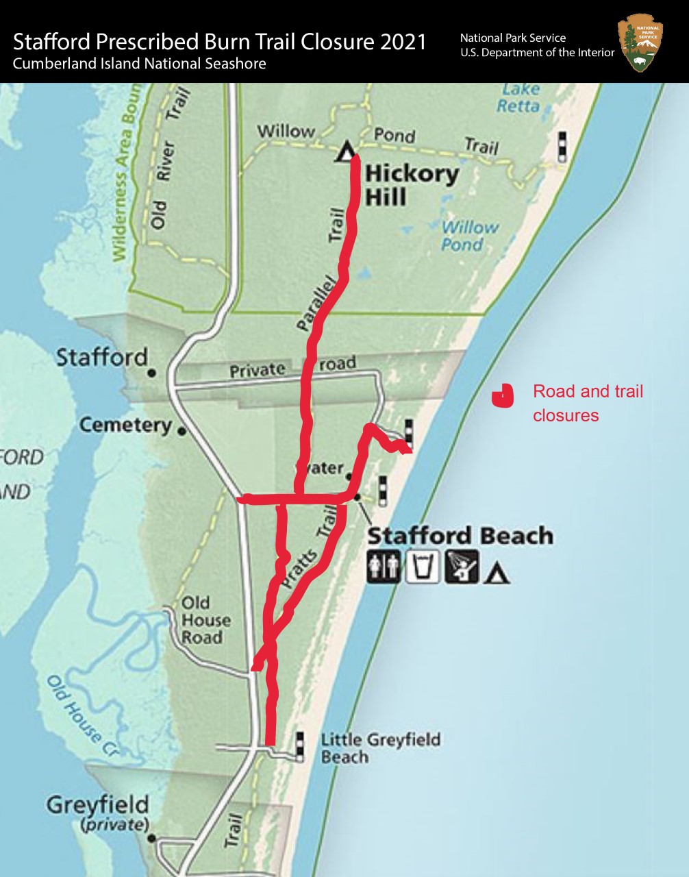 This map shows the trail closures as a result of the February 2021 Stafford prescribed burn.