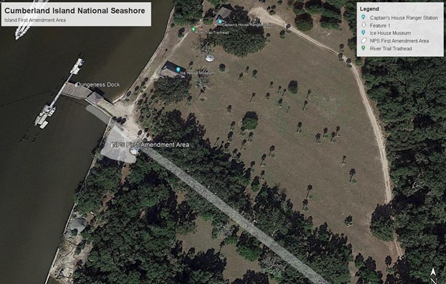 Aerial view of the Dungeness dock with the First Amendment Activities Area highlighted next to dock area