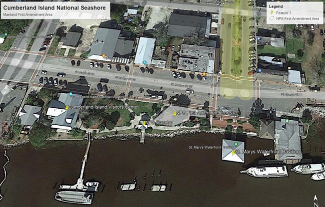 Aerial map of the Cumberland Island mainland waterfront showing designated first amendment activity area