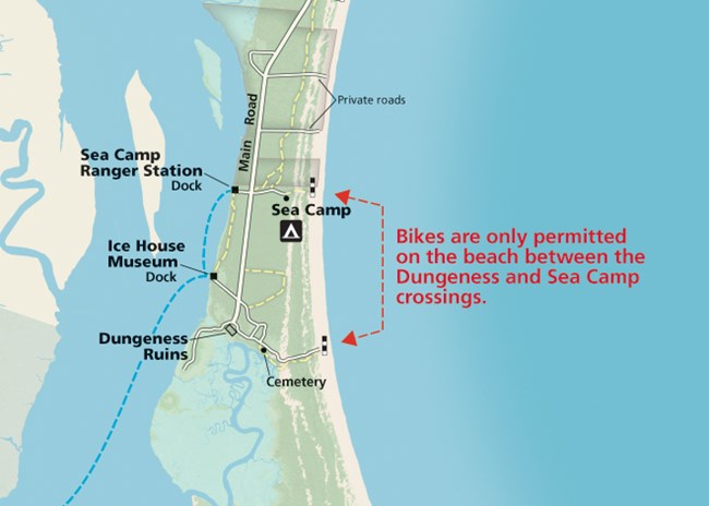 map showing area of beach where private bikes are permitted