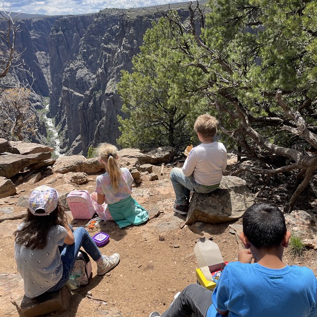 Four students sit and eat lunch by a canyon overlook. A river is visible far below.