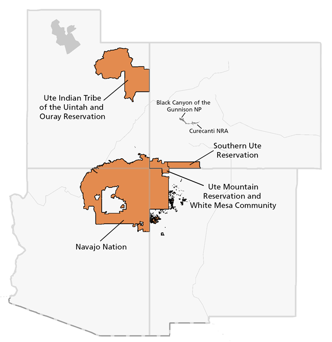 Map showing associated tribes and modern day reservations shaded in orange. The park and recreation area are shaded in grey. Colorado, Utah, Arizona, and New Mexico state borders are outlines in dark grey.