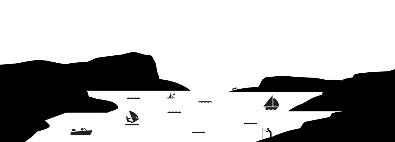 Graphic design with black and white pictograms of boating scenes on a body of water with mesas.