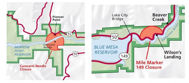 Maps of Curecanti seasonal wildlife closure areas.
