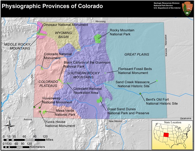 A map of Colorado and adjacent states showing the physiographic provinces. Pink shading on the left for Colorado Plateau, purple shading in the middle for Southern Rocky Mountains, and blue shading on the right to show Great Plains.